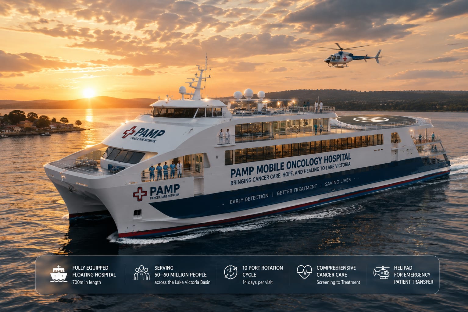 Conceptual rendering of a floating hospital vessel at a coastal location.