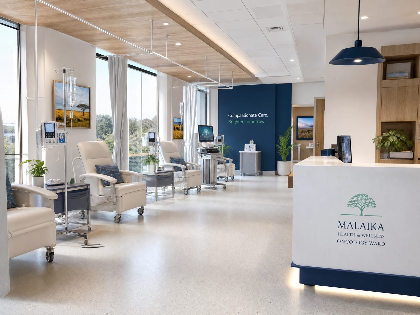 Conceptual rendering of a modern oncology unit with diagnostic equipment.