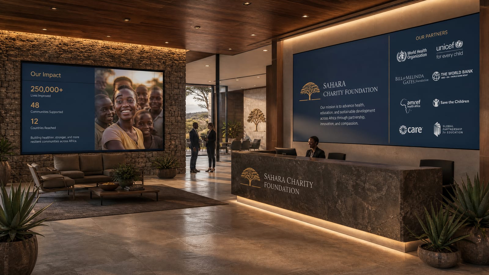 Conceptual rendering of a corporate lobby entrance with an impact display.