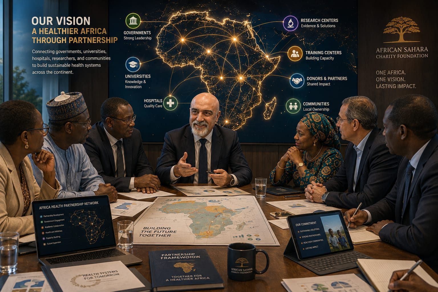 Conceptual illustration of governments, universities, hospitals, and organizations working together for Africa's future.